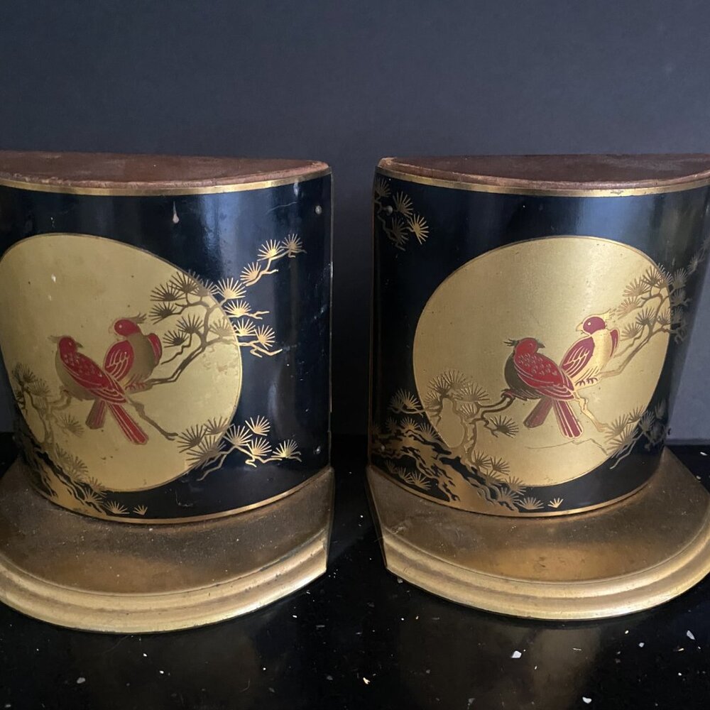 Vintage Asian Themed wood/brass Gramme full moon red birds heavy bookends